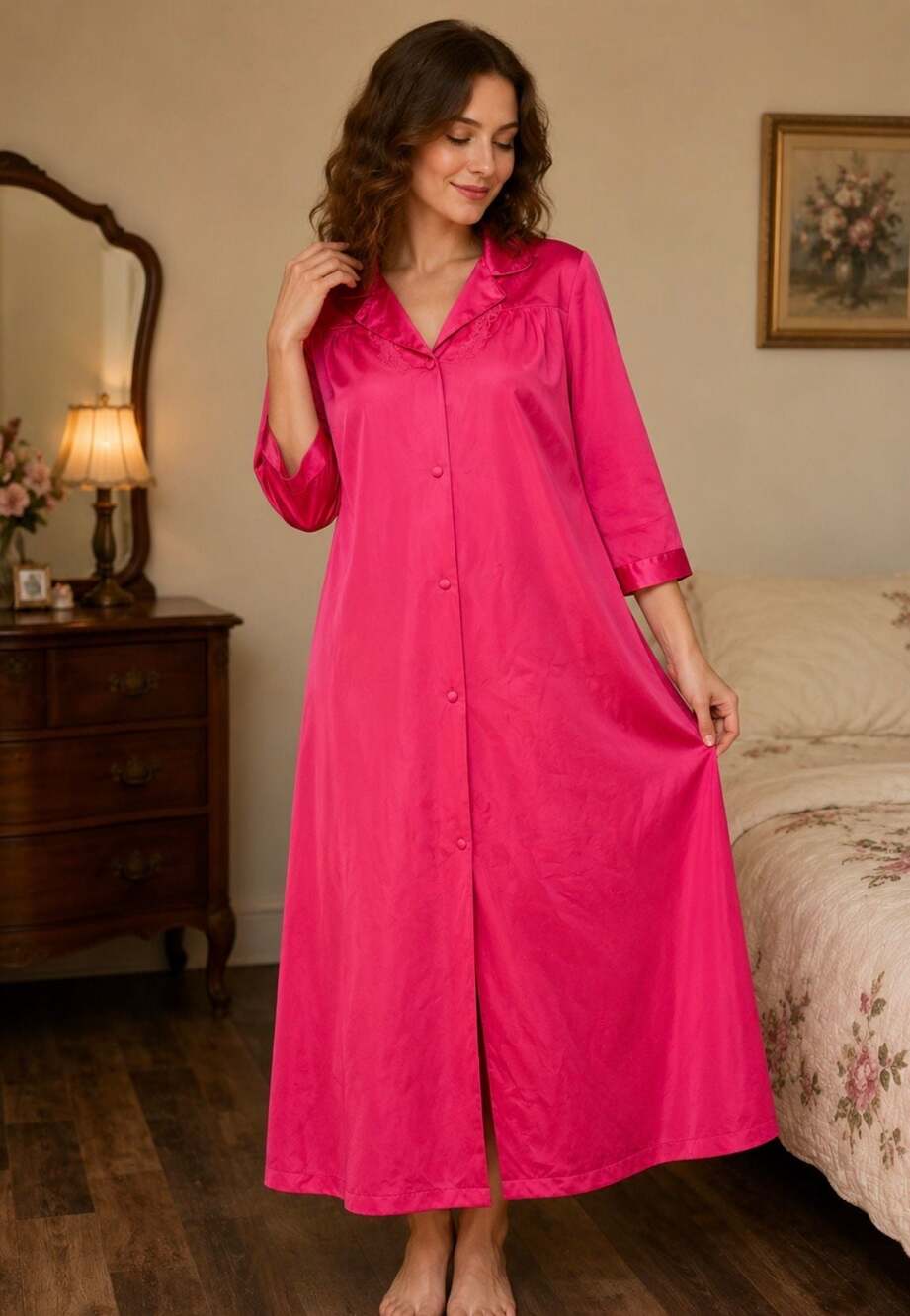 Vintage Vanity Fair Button-Front Nylon House Coat Robe in Hot Pink